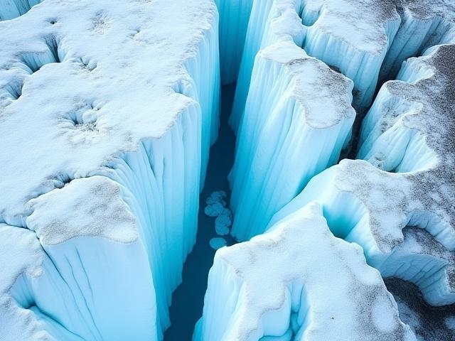 Luftaufnahme eines schmelzenden Gletschers mit Gletscherspalten