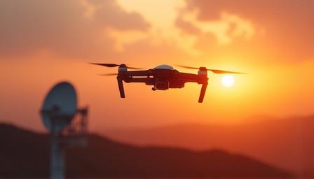 Drohne fliegt über ein Wetterradar-Observatorium bei Sonnenuntergang